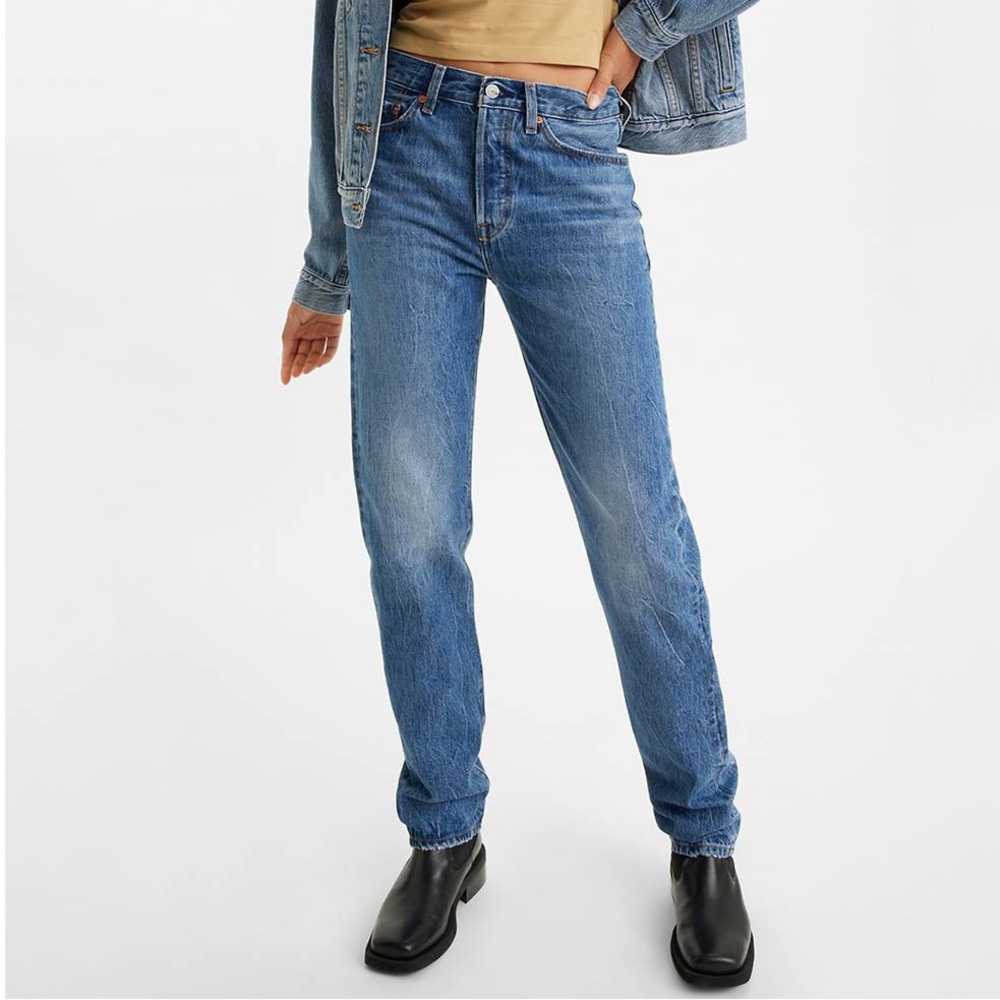 LEVIS 501’s. COLOR: medium blue  FIT:straight leg